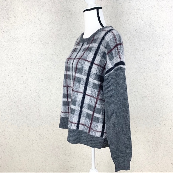 Vince Camuto Plaid Eyelash Sweater Large Gray - Picture 3 of 5